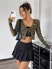 Spring Elegant Women's Transparent Mesh Flocking Front Tie Long Sleeve Top Versatile Closet Essential Fashion Items Shirt