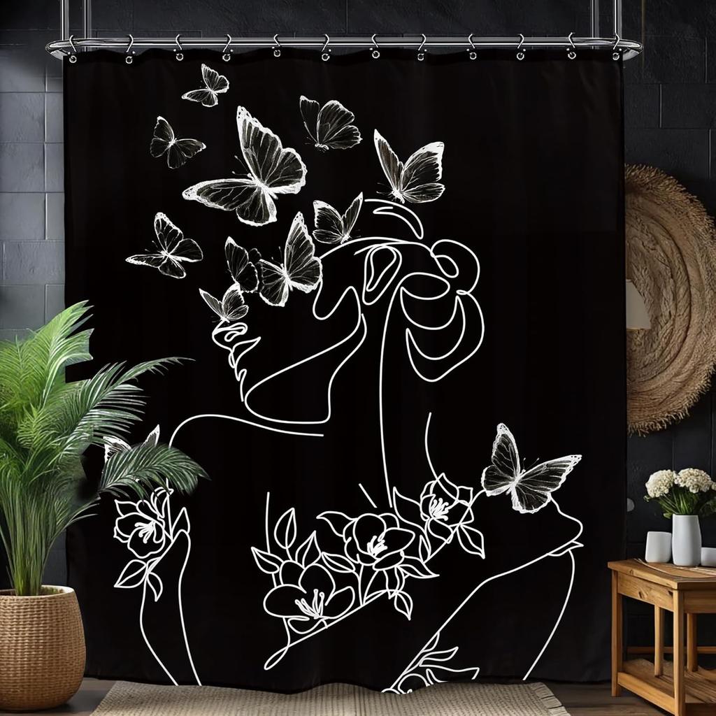 Abstract Face Minimalist Modern Bathroom Shower Curtain Line Art Modern Funny Aesthetic Cute Artsy Polyester Fabric Waterproof