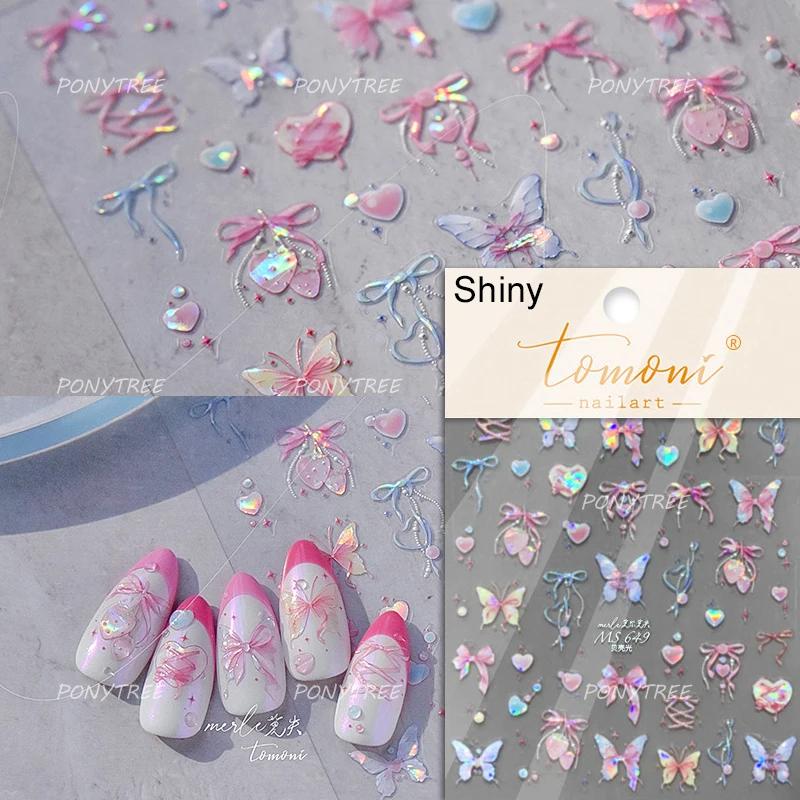 Shiny Polarized White Ribbon Bowknot Stars Tassel 3D Self Adhesive Nail Art Stickers Lovely Bow 5D Embossed Manicure Decals