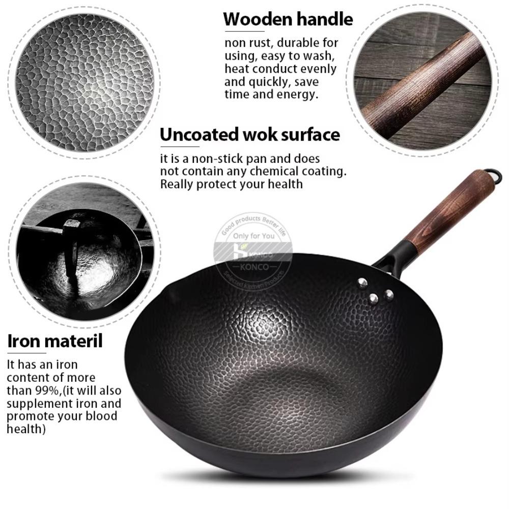 Thickened Chinese Wok Hand-forged Iron Wok Durable Cast Iron Pan  for Gas Induction Cooker