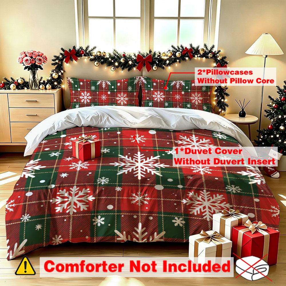 Christmas Duvet Cover Set 3Pcs Red Green Plaid Snowflake Print Soft Microfiber Bedding with Pillowcases Bedroom Decor