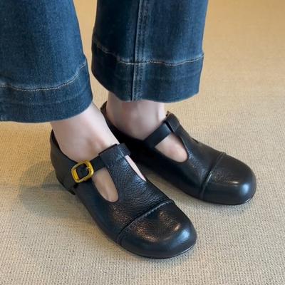 Chaussures Mary Jane à bout rond rétro à fond plat et à bouche peu profonde, chaussures simples et polyvalentes en cuir pour femmes