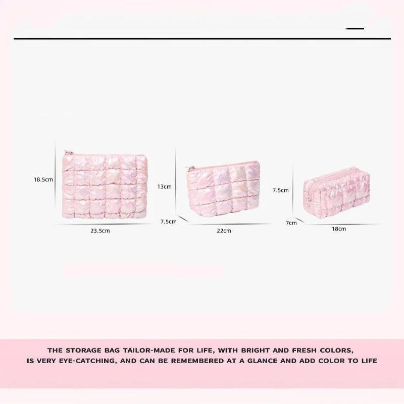 Iridescent Pink Puffy Makeup Bag With Bubble Grid Design Large Capacity For Travel Daily Cosmetic Storage