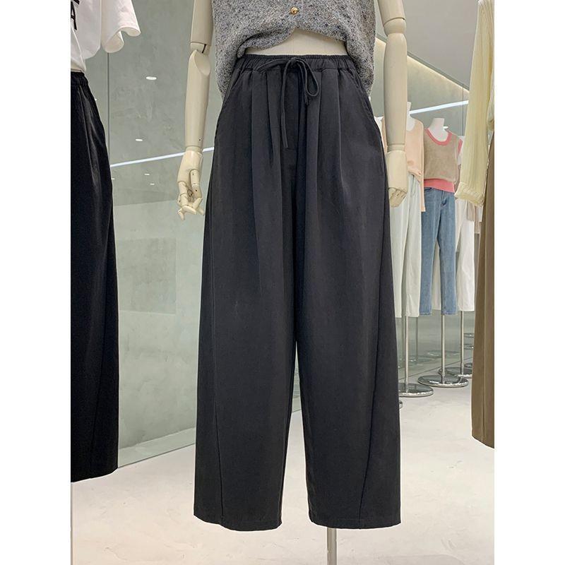 Plus Size Women's High Waist Wide Leg Pants - Spring Loose Fit with Elastic Lace-up Waist