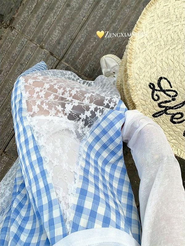 Zeng Xiaoxian Women's Irregular Blue Plaid Lace A-line Long Skirt: Summer 2025 Beachwear.