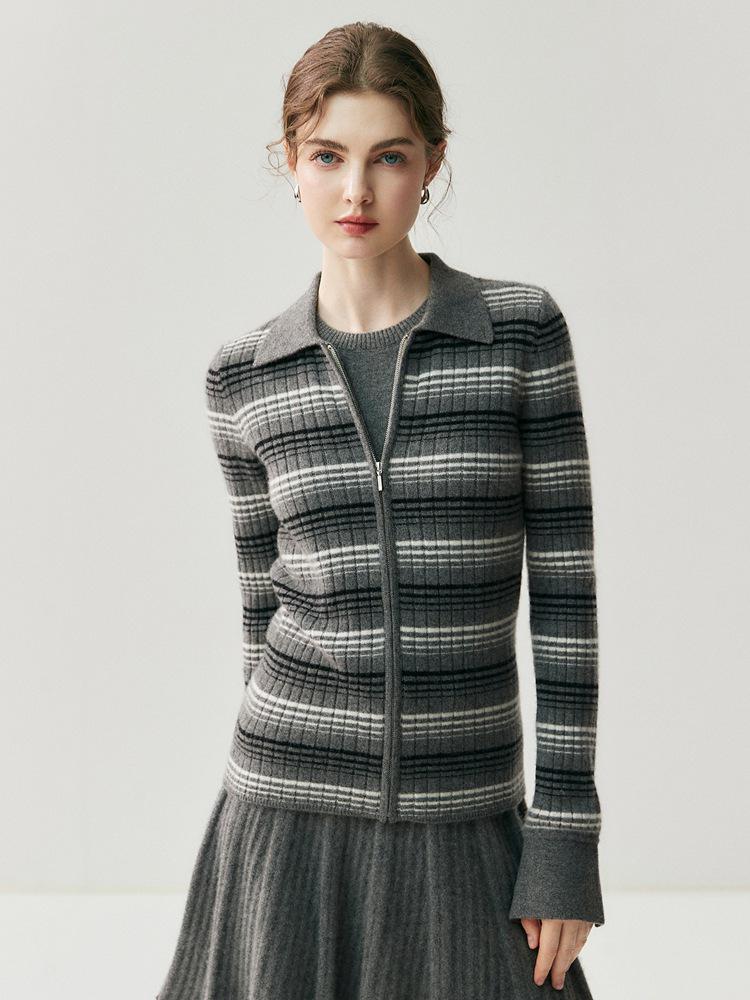 2025 Autumn/Winter Color Block Striped Slim-Fit Zip-Up Polo Cardigan Sweater