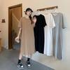Plus Size Women's Summer Slit Dress - Loose Fit, Crew Neck, Solid Color, Mid-Length, Short Sleeve Over-Knee T-Shirt Dress.