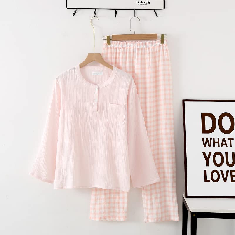 Cotton Double Soft and Long Cute Loungewear for Sensitive Perfect Gift Salmon Women's Spring/Summer Pajamas, 100% Gauze, Comfortable, Sleeves, Skin,
