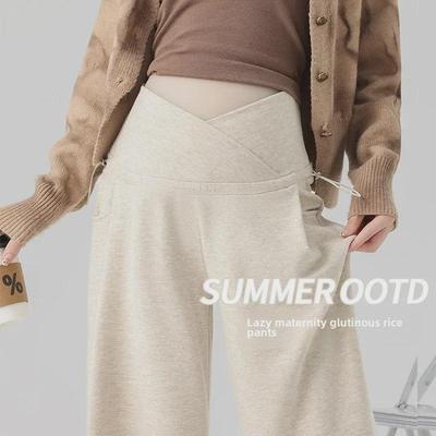 "Korean Wide-Leg Maternity Pants: Glutinous Rice Fabric, Low-Waist, Side Drawstring, Belly-Support for Comfort During Pregnancy."