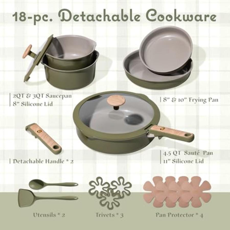 18 Pcs Ceramic Cookware Set Detachable Handle Non Toxic Pots and Pans Set Non Stick Induction Kitchen Cookware Removable Handle