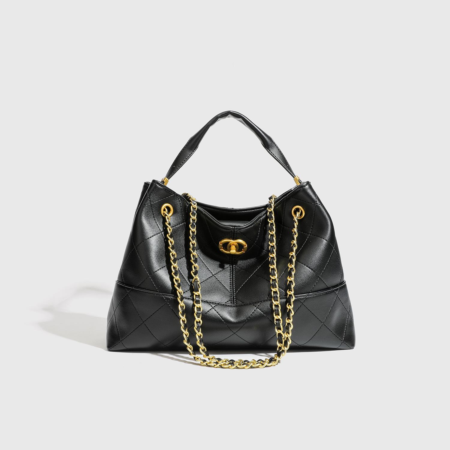 New diamond-patterned color-block tote bag, large capacity, fashionable patchwork, stylish and trendy shoulder and crossbody tote bag 16*11.5*20CM чёрный