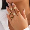 6Pcs Punk Exaggerated Metal Finger Rings Set for Women Men Vintage Flower Pearl Crystal Europe America Open Rings Luxury Jewelry