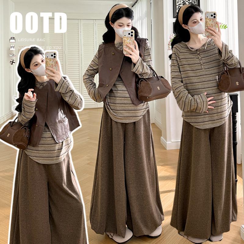 

2026 Spring Retro PU Leather Vest Set with Knit Striped Top & High-Waist Lantern Pants M