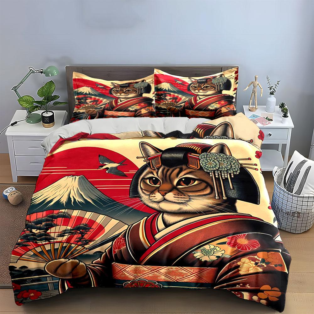 Japanese Style Cat Art Decor Bedding Set with 1 Duvet Cover 2 Pillowcases Single Double King Queen, Gift