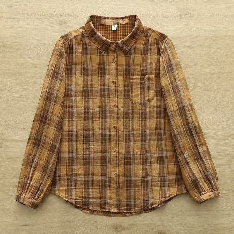 Soft Plaid Shirt Loose Fit Casual Long Sleeve Double Layer Cotton Comfortable Stylish Top Women Fashion