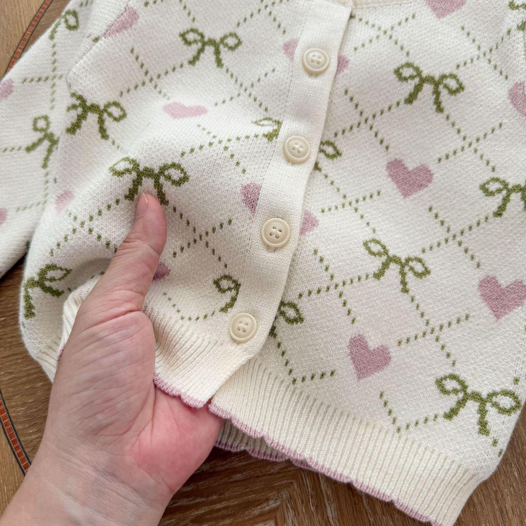 Heart & Bow Knitted Romper and Jacket Set for Baby Girls - Perfect for Spring & Autumn, Full Moon, and 100-Day Celebrations.