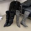 Retro design pointed boots medium boots autumn and winter belt buckle thick heel stacked boots
