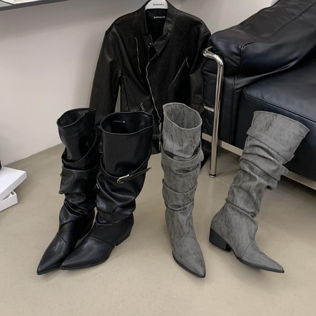Retro design pointed boots medium boots autumn and winter belt buckle thick heel stacked boots