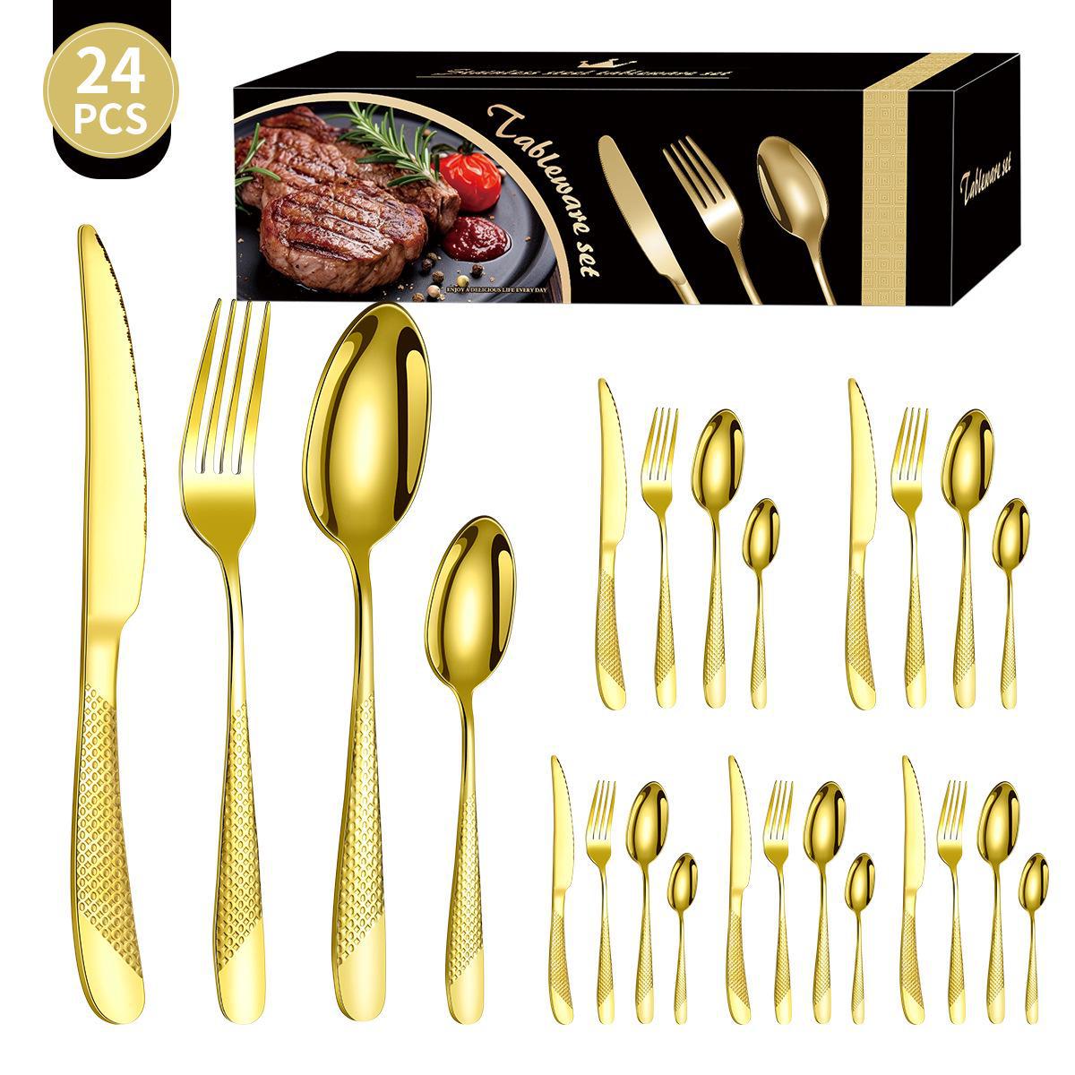 

Высококачественный позолоченный набор столовых приборов из нержавеющей стали из 24 предметов: Набор из ножа, вилки и ложки на 6 персон с узором «Звезда и бриллианты» и подарочной коробкой. 24pcs