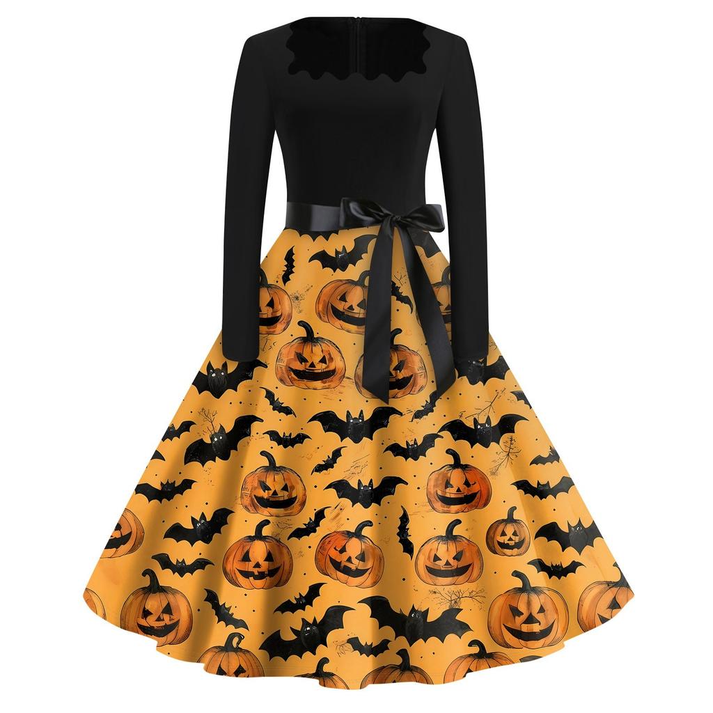 Halloween Print Flare Dress For Women Long Sleeve Dress Hollow Party Casual Dresses