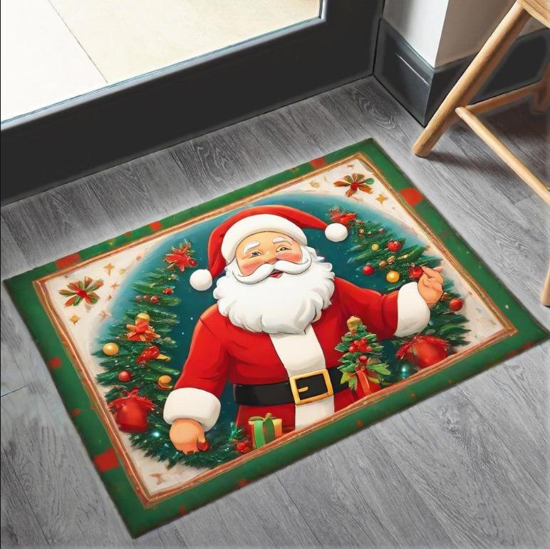 Christmas & Floral Carpet Mat Rug Santa Deer Design with Gift Boxes & Poinsettia Non-slip Home Decoration Welcome Mat Home Rugs