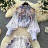 Summer Autumn New Arrival Flower Print Two Piece Pants Sets Women's Lantern Sleeve Blouse Tops and High-Waisted Wide-Leg Shorts Sets