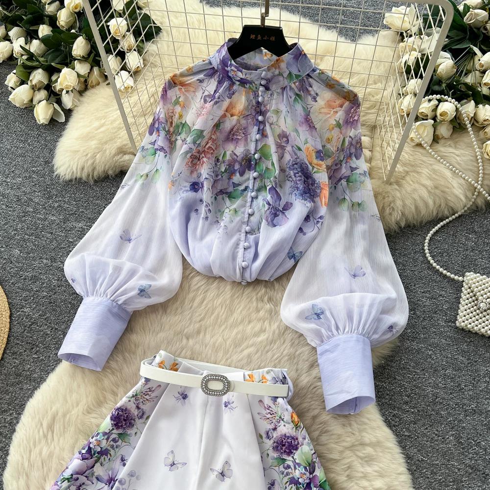 Summer Autumn New Arrival Flower Print Two Piece Pants Sets Women's Lantern Sleeve Blouse Tops and High-Waisted Wide-Leg Shorts Sets