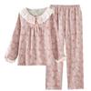 Women's Spring & Summer Pajama Set, Pure Cotton Gauze, Color-Woven Jacquard, Long Sleeve & Pants, Lace Accents, Wearable as Home Wear or Outdoors.