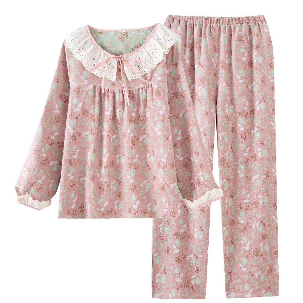 Women's Spring & Summer Pajama Set, Pure Cotton Gauze, Color-Woven Jacquard, Long Sleeve & Pants, Lace Accents, Wearable as Home Wear or Outdoors.