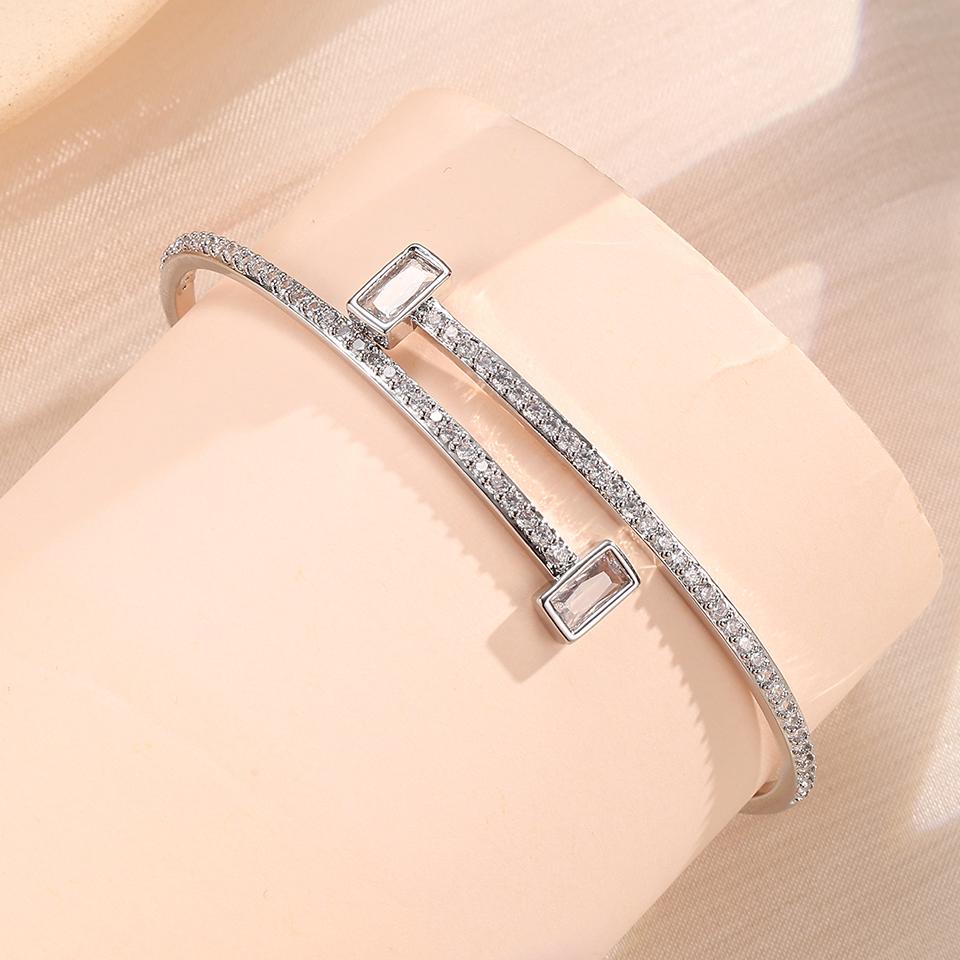 Fashion AAA CZ Sliver Color Cuff Bangles for Women Shiny Clear Geometric Rectangle Zircon Bracelet Wedding Jewelry