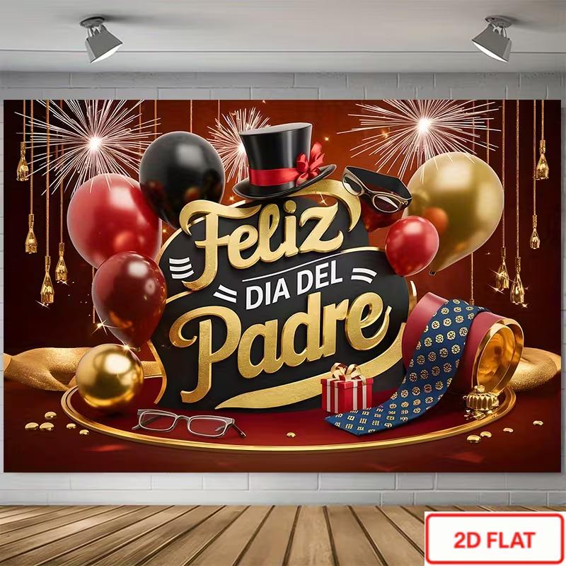2D Feliz Dia Del Padre Celebration Backdrop, Red Gold Happy Father s Day Themed Photo Booth Background 47.2x31.5inch/120*80cm