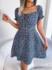 Casual Floral Print High Waist Square Neck Flared Sleeve Midi A Line Dress For Women