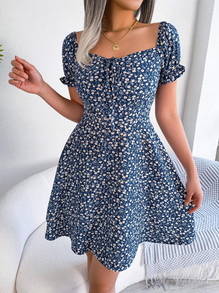 Casual Floral Print High Waist Square Neck Flared Sleeve Midi A Line Dress For Women