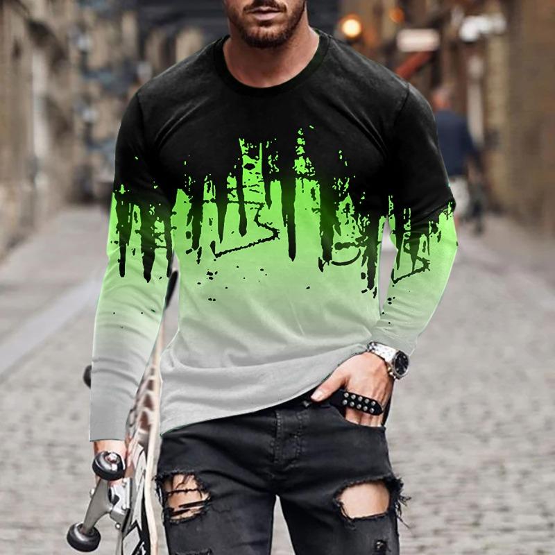 

Весна Осень Мужская серия тушью Живопись 3D Цифровой Печатный Топ Длинный Рукав Повседневная Круглая Горловина Футболка XL
