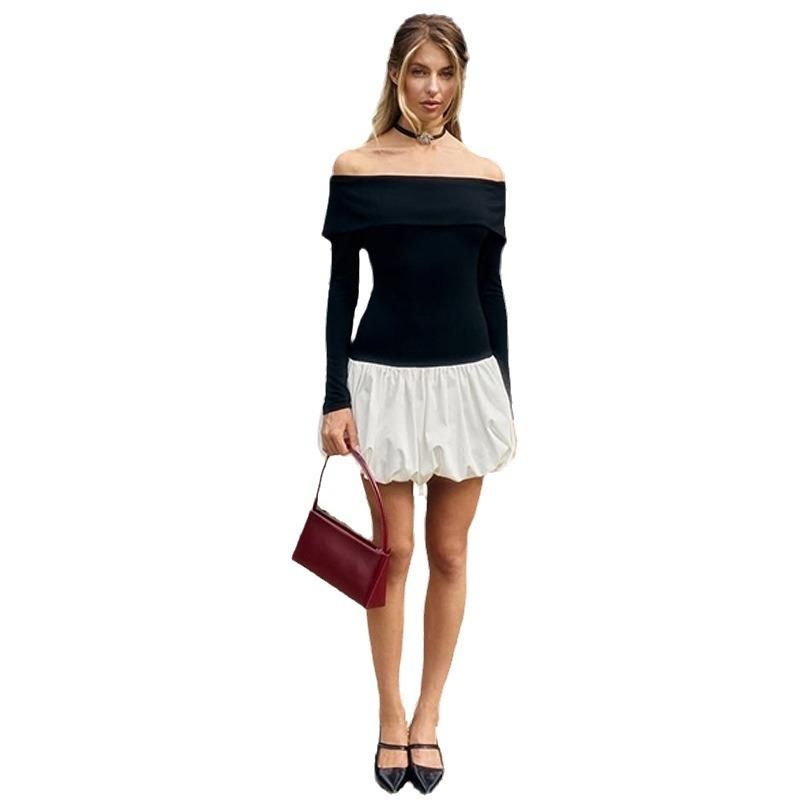 Fall 2024 French Pure Desire Style Sexy off-Shoulder Long Sleeve Color Matching Waist Slim Looking A- Line Dress Women