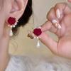 1Pairs Rose Flower Decorative Earrings Red Velvet Rose Pearl Stud Earrings  Wedding Jewelry