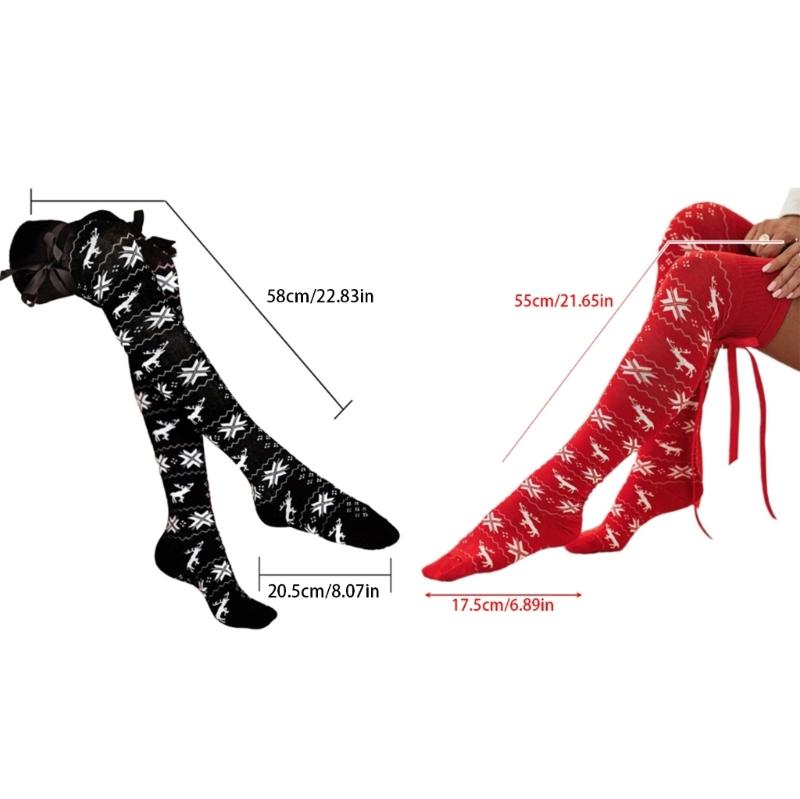 Women Christmas Snowflake Knitted Thigh High Stockings with Ribbon Bows Festival Over Knee Long Boot Socks Leg Warmers