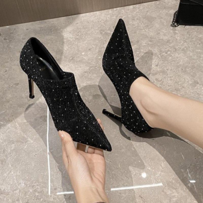 

Модная весенняя новая обувь на тонком каблуке Женская модная остроносая обувь с глубоким вырезом из ткани с пайетками и замши, слипоны износостойкие туфли на высоком каблуке 39 чёрный
