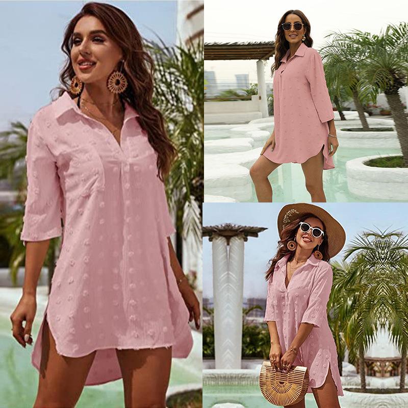 Beach Shirts Solid Cover Ups for Swimwear with Pockets Women Summer Tunic Half Sleeve Holiday Bathing Suits