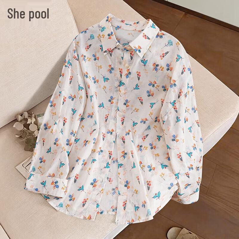 Hong Kong Style Loose Floral Print Lapel Long Sleeve Women s Shirt XL