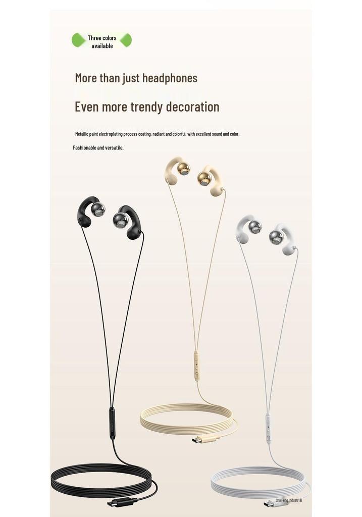 Bone Conduction Wired Earphones with Type-C and 3.5mm Connectors, Ear Clip Design, Wired Control Microphone, Ideal for Gaming