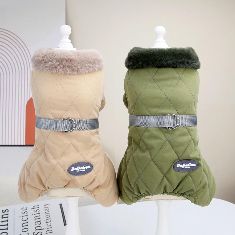 Warm Winter Dog Coat Teddy Bichon Frise - Quilted Cotton Jacket With Hood Leash Ring Four-Leg Design