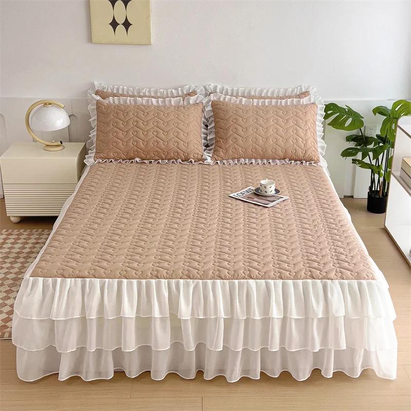 Volan de pat din dantelă cu model în formă de inimă, de înaltă calitate, matlasat, cu tiv inferior din șifon, cuvertură de pat, moale, confortabil, cearșafuri de pat antiderapante, lenjerie de pat