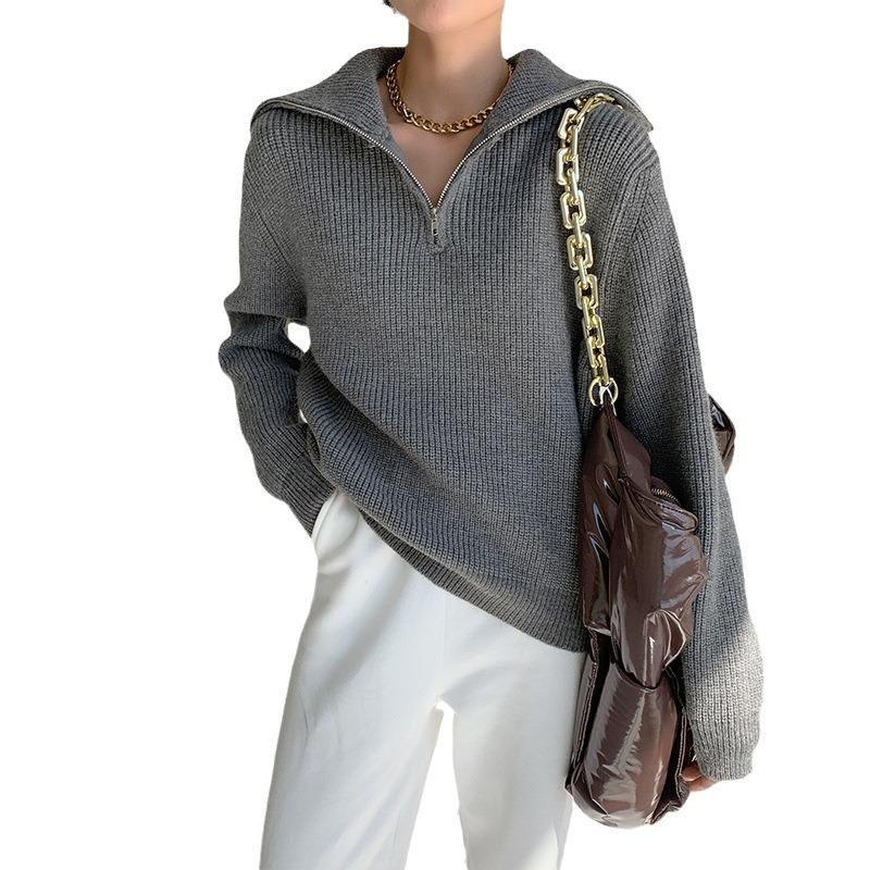 Women's Knitted Sweater Lapel Zipper Sweater Women's Autumn and Winter Loose Lazy Wind Outer Pullover
