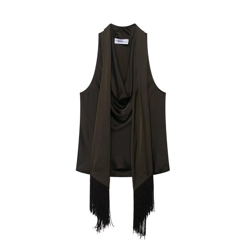 Zbzr Spring New Women Clothes Western Style Fashion Hanging Neck Sling Decorated Tassel Silk Satin Texture Top 1165269