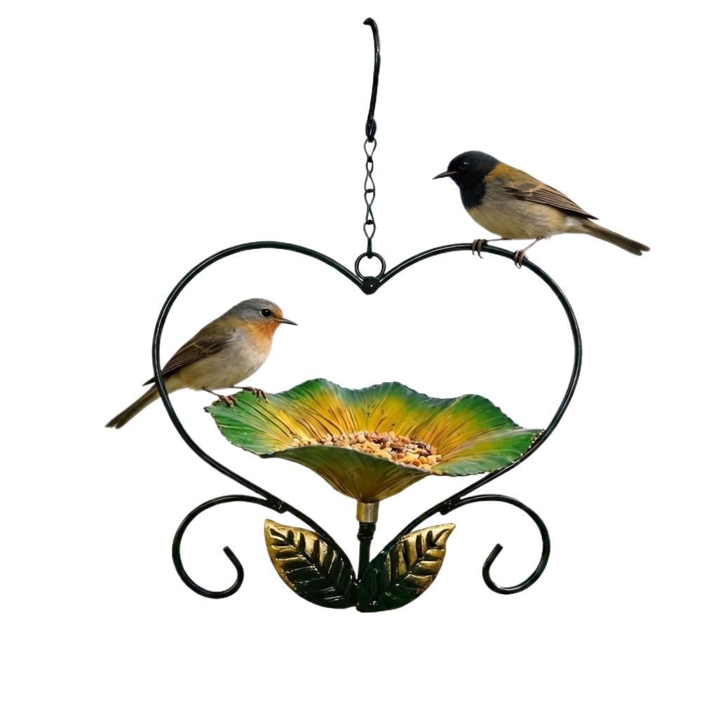 Metal Hanging Bird Feeder Outdoor Garden Decorative Bird Feeder with Floral Design and Heart Frame for Backyard Patio Porch Hanging