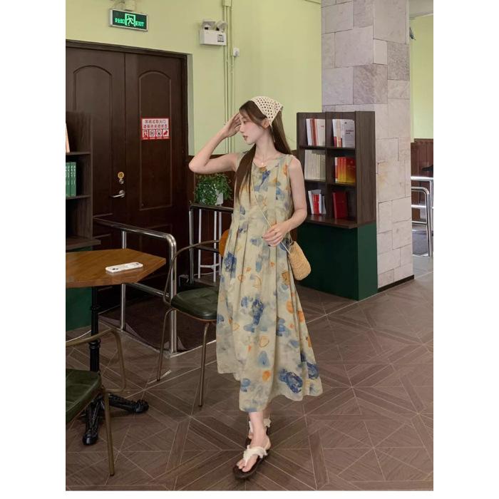 Retro new national style ink painting pleated vest dress women's summer new design temperament A-shaped long skirt