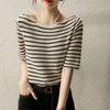 One-shoulder Braided Striped Knitted Short-sleeved T-shirt Summer New Thin Versatile Top for Women