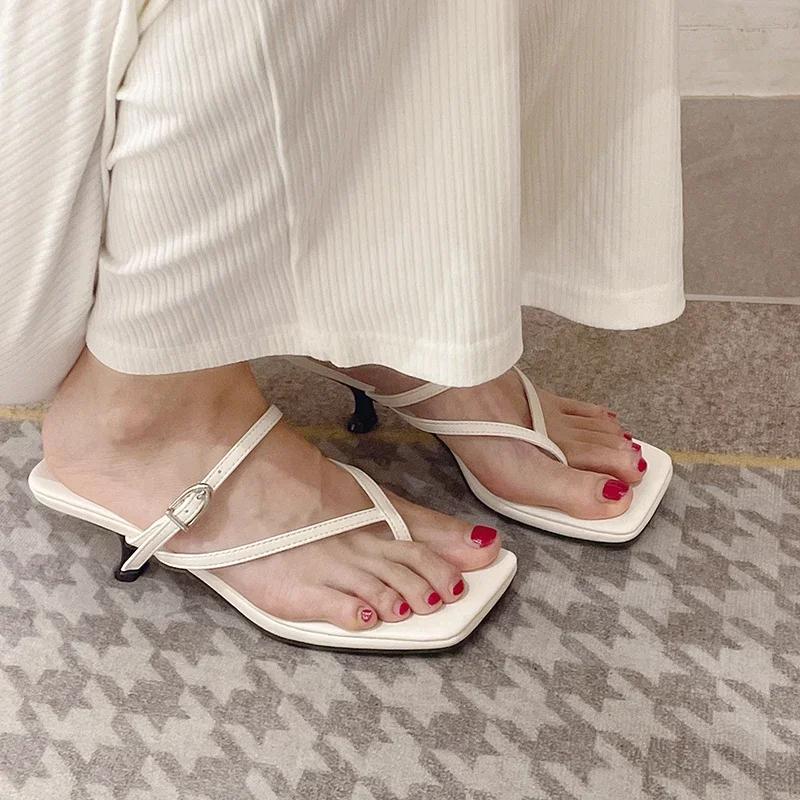 Summer Narrow Band Heel Sandals Women Low Heels Ankle Strap Fashion Square Toe Ladies Dress Sandalias Women's Flip