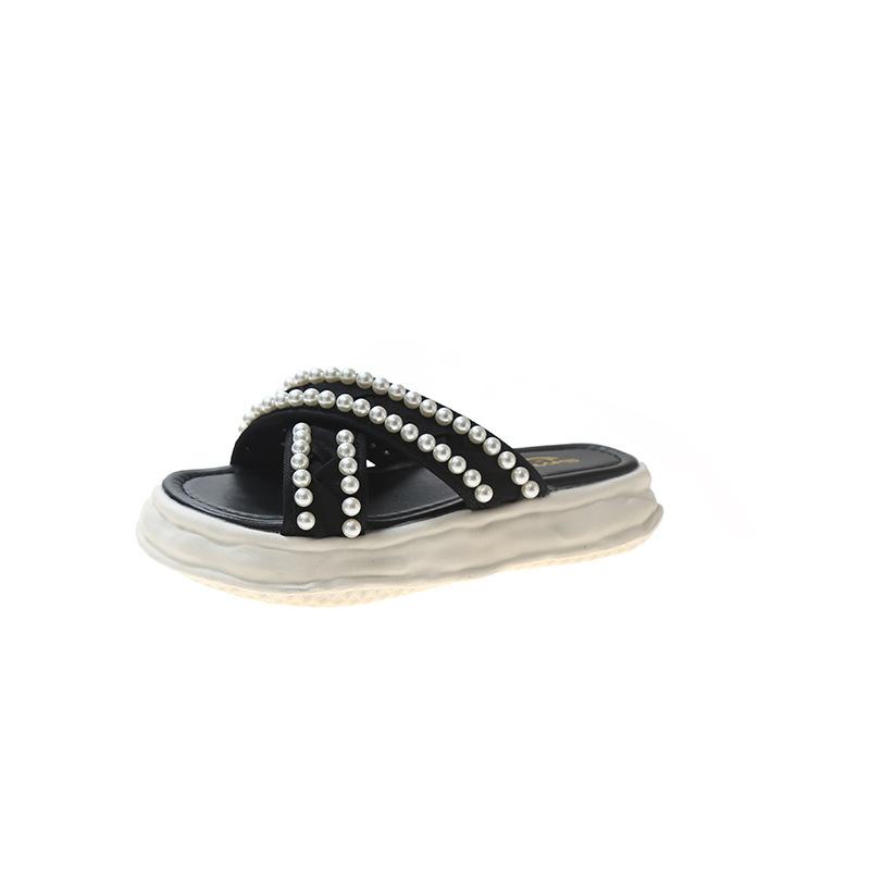 Slippers Women's Summer Outer Wear 2025 New Green Cross-dissolved Thick-bottomed Pearls with Skirt Sandals
